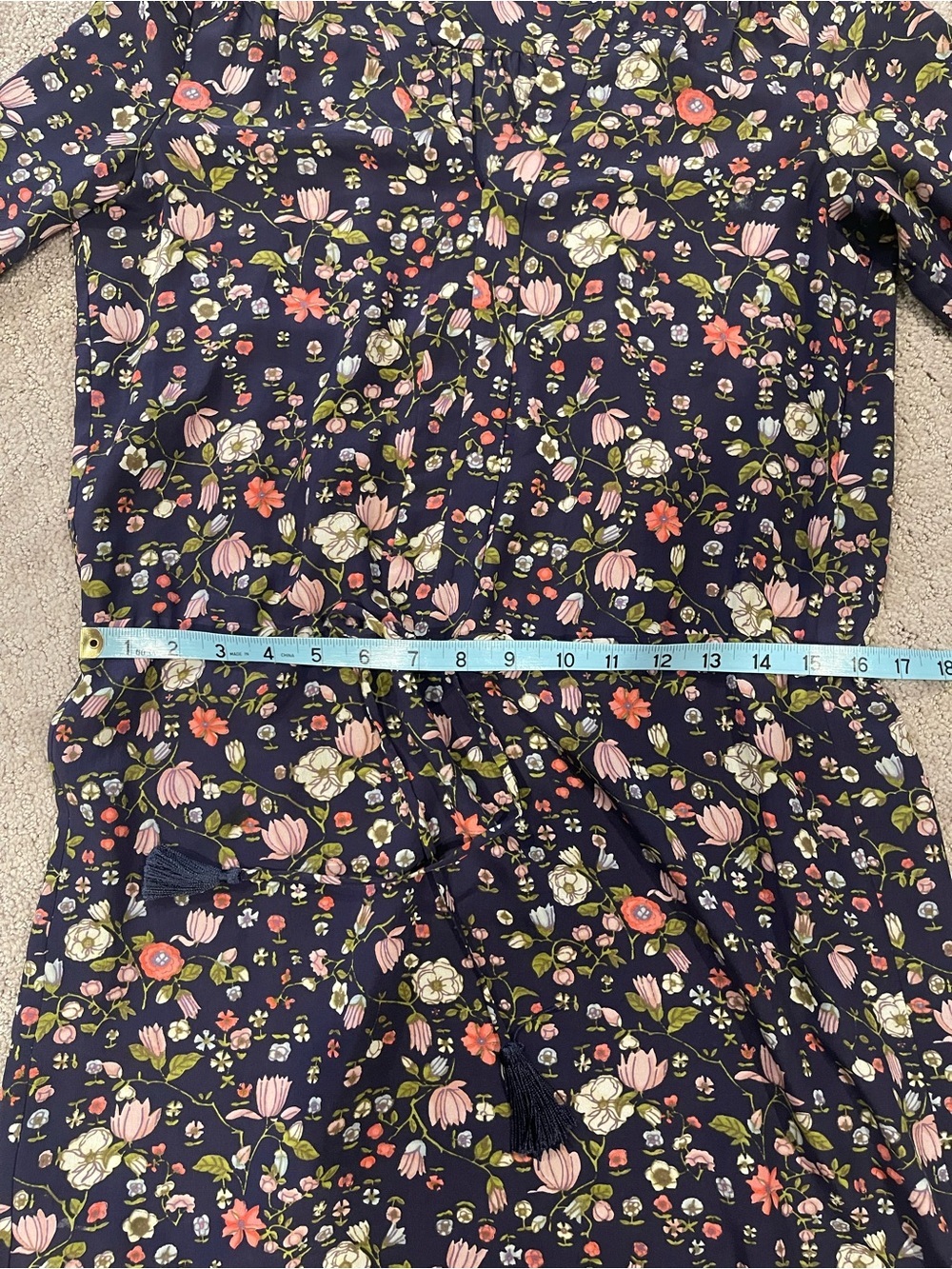 Rebecca Taylor Navy Floral Mini Dress, Long Sleeve,100% Silk,Drawstring Waist, 0 - Picture 11 of 16